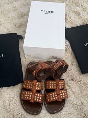 CELINE Studded Calfskin Leather Gladiator Sandals Brown Gold 40 / US 10